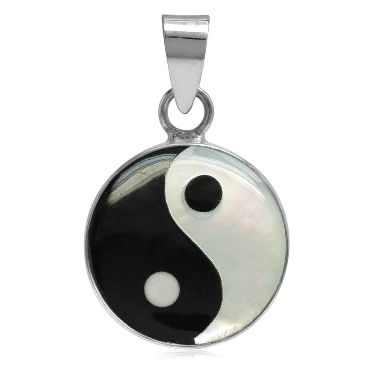 14mm White Mother of Pearl and Created Black Onyx 925 Sterling Silver Yin Yang Pendant
