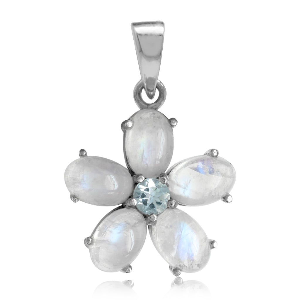 Silvershake Natural Moonstone and Blue Topaz White Gold Plated 925 Sterling Silver Flower Pendant - Silvershake-store