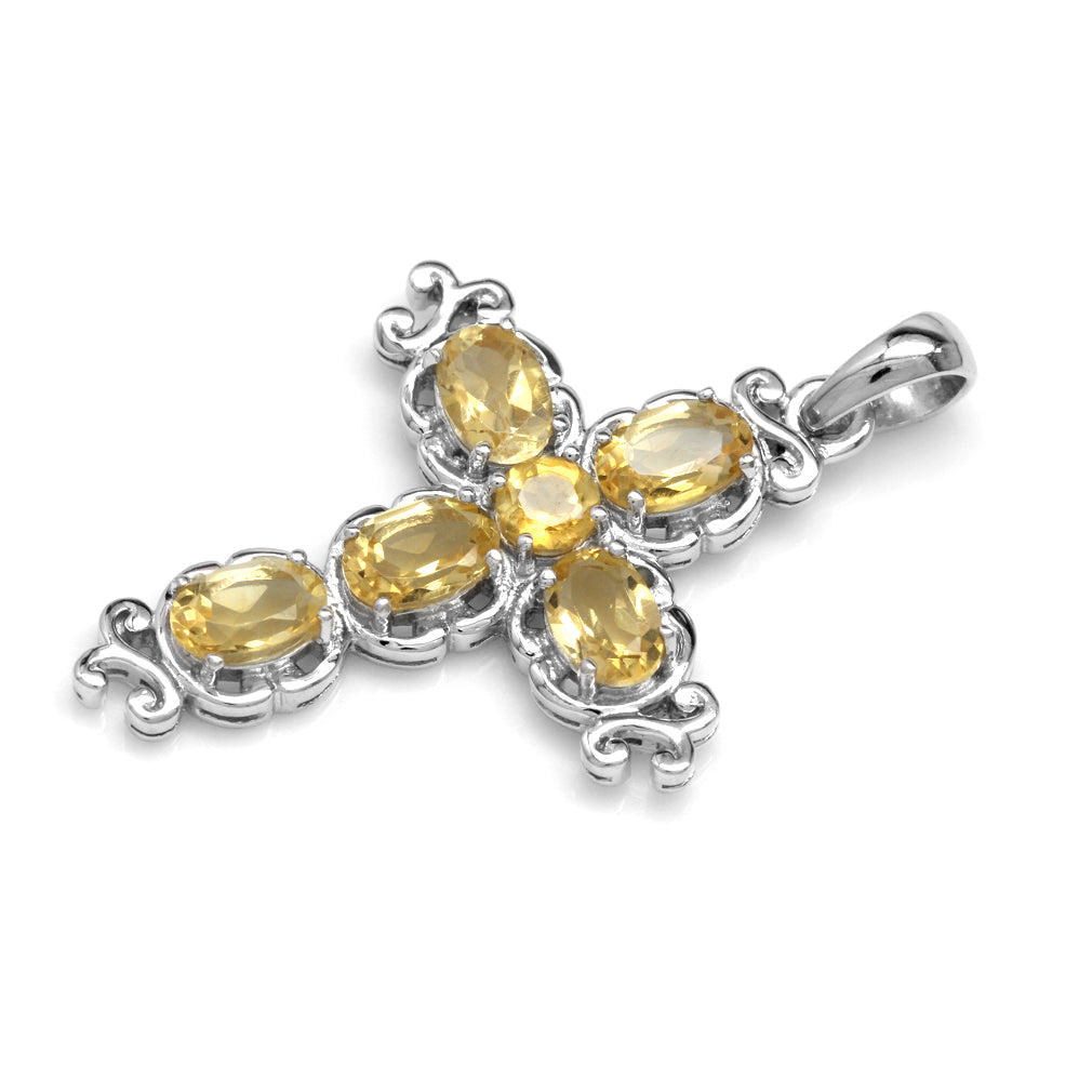 Silvershake 2.4ct. Natural Citrine White Gold Plated 925 Sterling Silver Victorian Cross Pendant - Silvershake-store