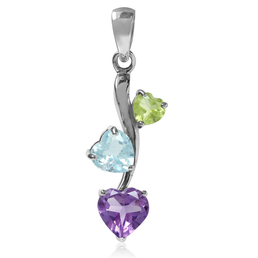 Silvershake Natural Heart Shape Amethyst Blue Topaz and Peridot White Gold Plated 925 Sterling Silver Pendant - Silvershake-store