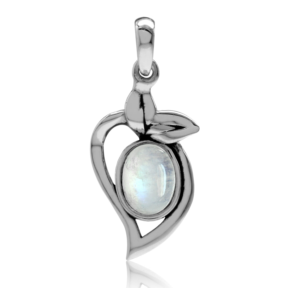 Silvershake Natural Oval Shape Moonstone 925 Sterling Silver Leaf Pendant - Silvershake-store