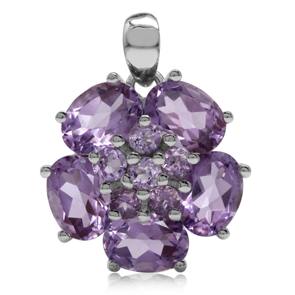 Silvershake 6.46ct. Natural Amethyst White Gold Plated 925 Sterling Silver Flower Cluster Pendant - Silvershake-store