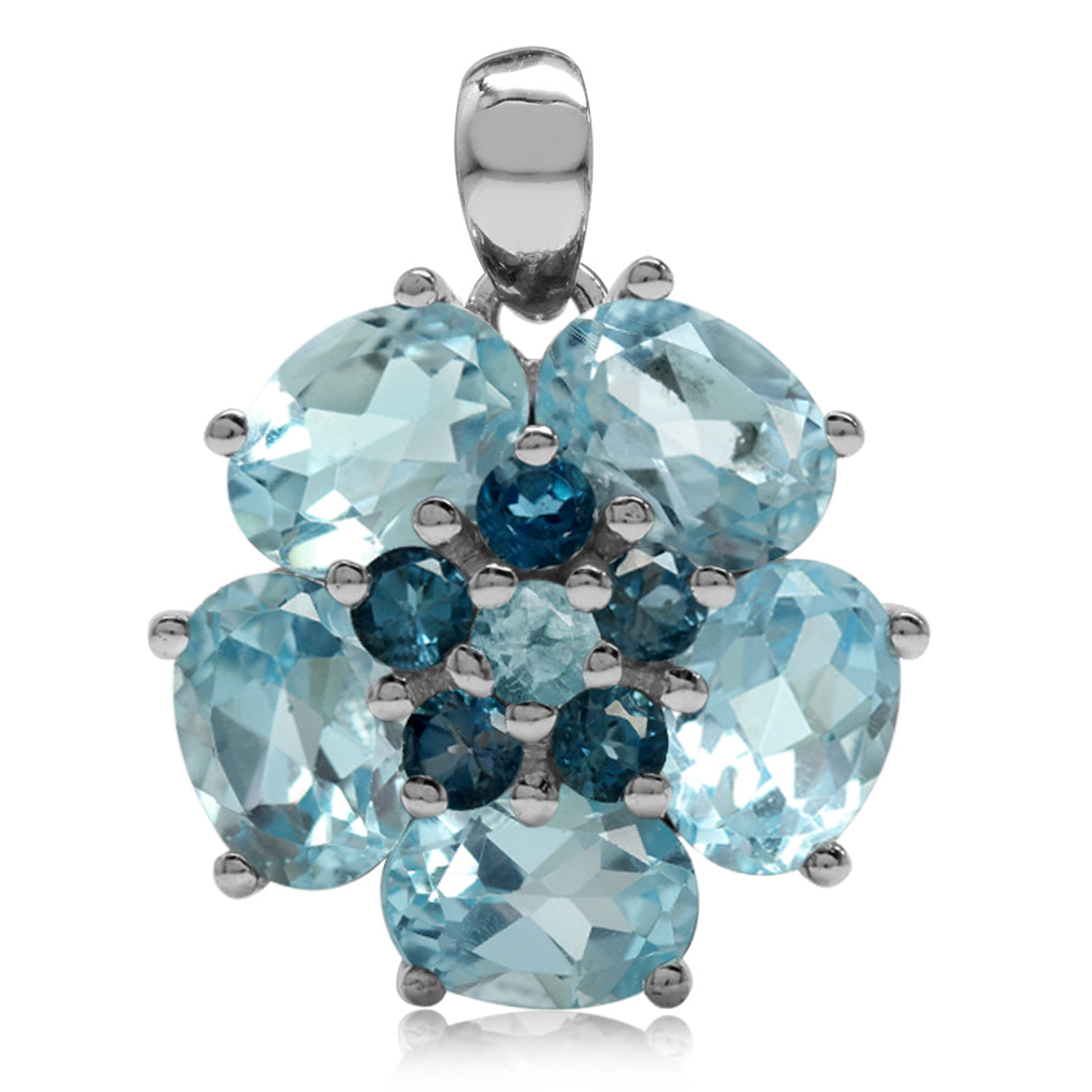 Silvershake 7.69ct. Genuine Blue Topaz and London Blue Topaz 925 Sterling Silver Flower Cluster Pendant - Silvershake-store