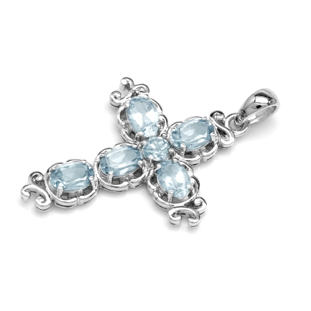 Silvershake 2.11ct. Genuine Blue Aquamarine White Gold Plated 925 Sterling Silver Victorian Cross Pendant - Silvershake-store