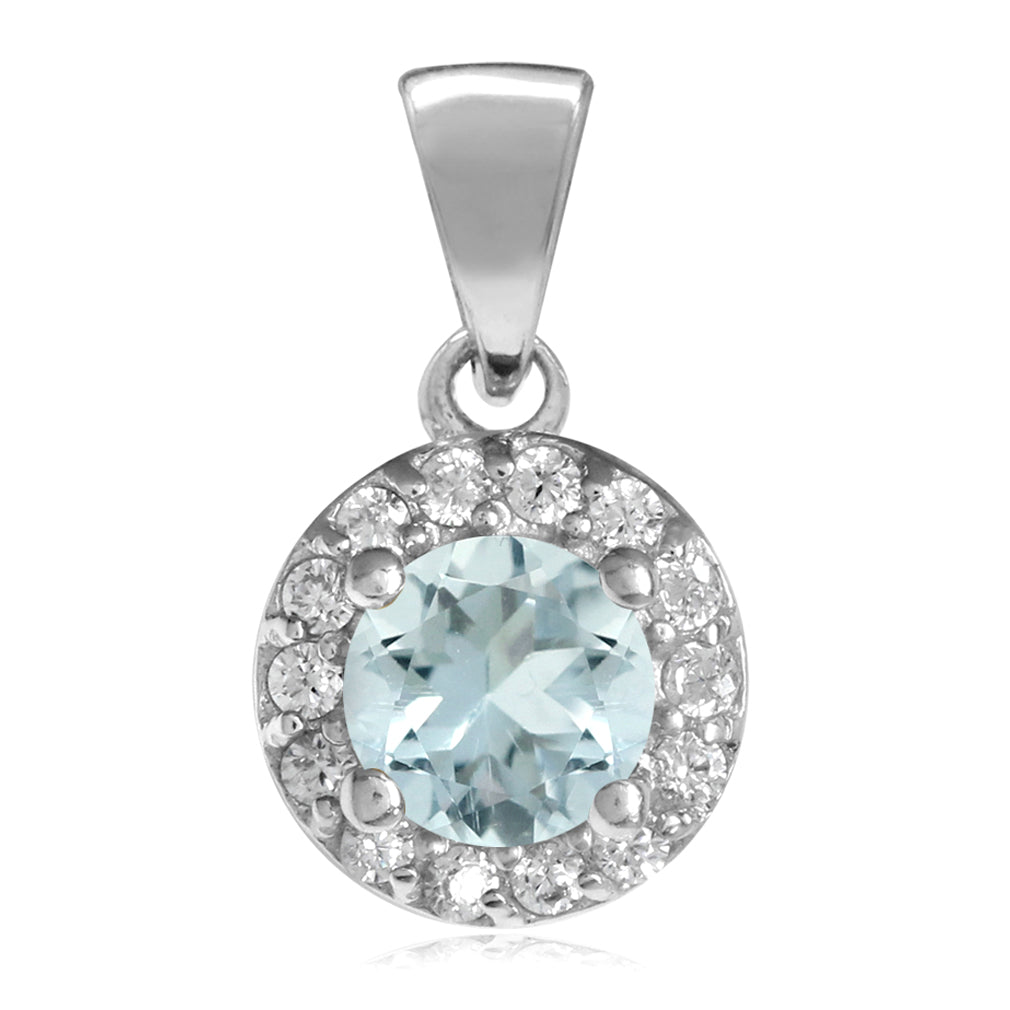 Silvershake 5mm Genuine Blue Aquamarine and White Cubic Zirconia Gold Plated 925 Sterling Silver Halo Pendant - Silvershake-store