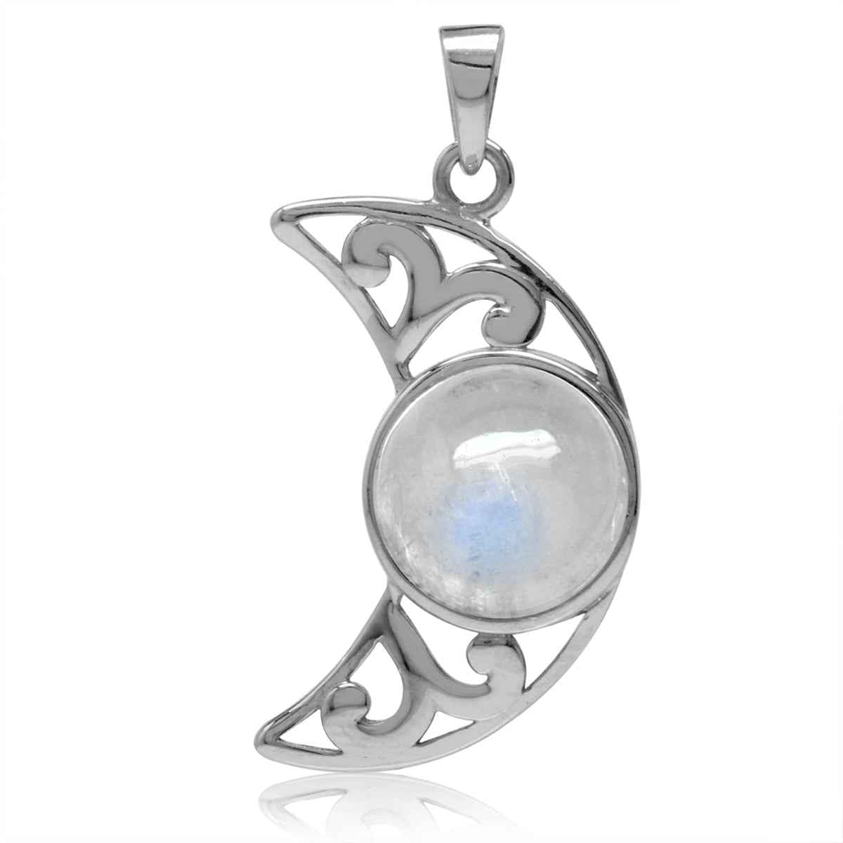 10mm Natural Moonstone White Gold Plated 925 Sterling Silver Filigree Crescent Moon Pendant