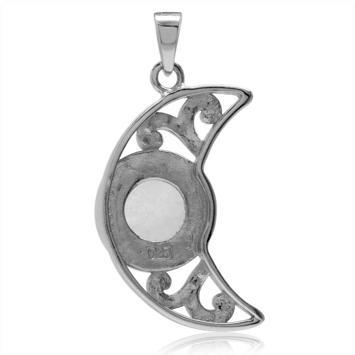 10mm Natural Moonstone White Gold Plated 925 Sterling Silver Filigree Crescent Moon Pendant