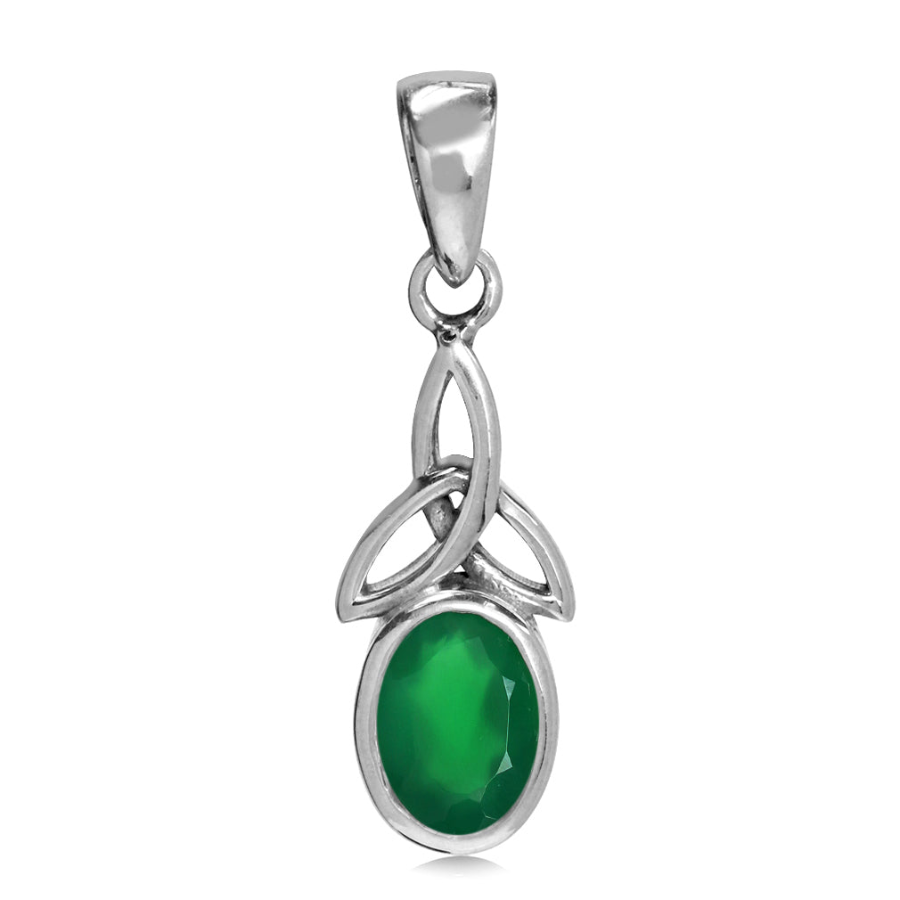 Natural Emerald Green Agate White Gold Plated 925 Sterling Silver Triquetra Celtic Knot Pendant - Silvershake-store
