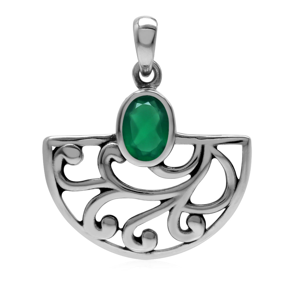 Silvershake Natural Oval Shape Emerald Green Agate 925 Sterling Silver Filigree Swirl and Spiral Semi Circle Pendant - Silvershake-store