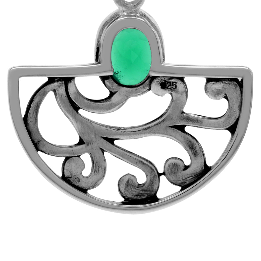 Silvershake Natural Oval Shape Emerald Green Agate 925 Sterling Silver Filigree Swirl and Spiral Semi Circle Pendant - Silvershake-store