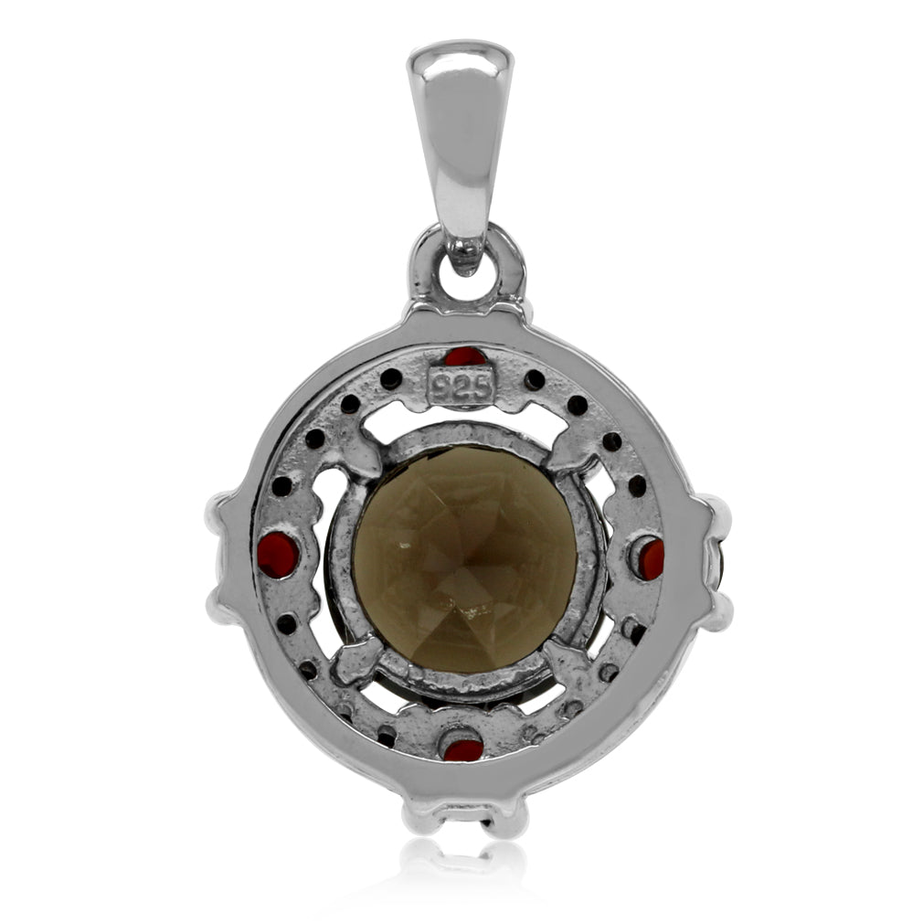 Silvershake Natural Round Shape Smoky Quartz Garnet and Black Spinel 925 Sterling Silver Pendant - Silvershake-store