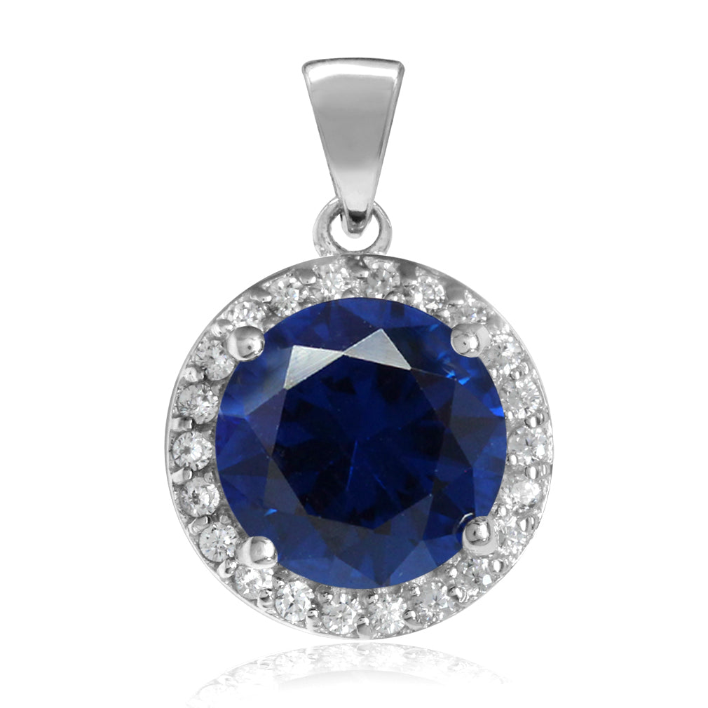 Silvershake 9mm Round Shape Synthetic Sapphire Blue White Gold Plated 925 Sterling Silver Halo Pendant - Silvershake-store