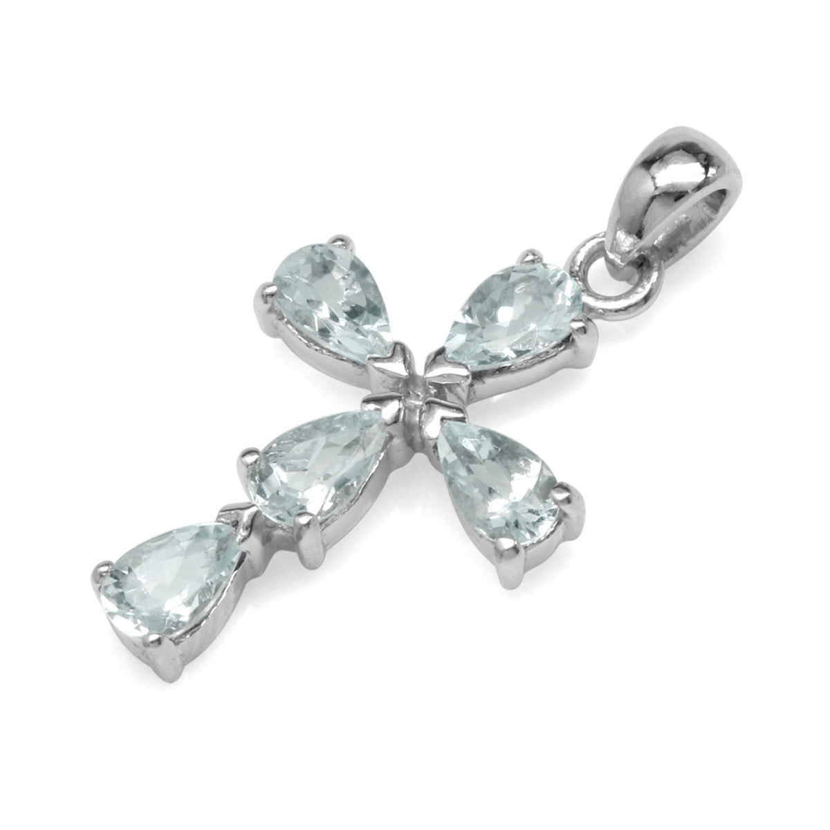 Genuine Blue Aquamarine White Gold Plated 925 Sterling Silver Cross Pendant - Silvershake-store