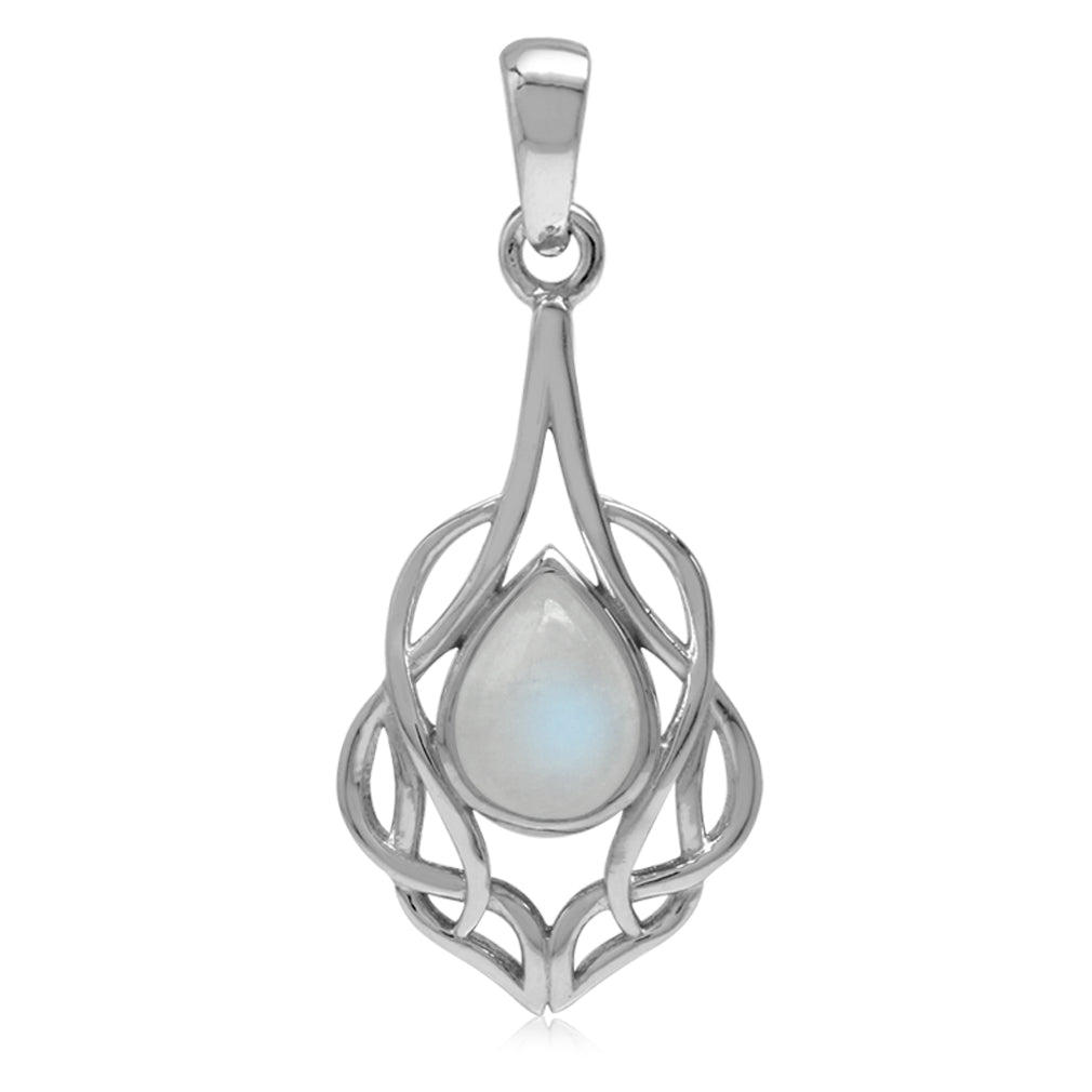 Natural Moonstone White Gold Plated 925 Sterling Silver Celtic Knot Drop Solitaire Pendant - Silvershake-store