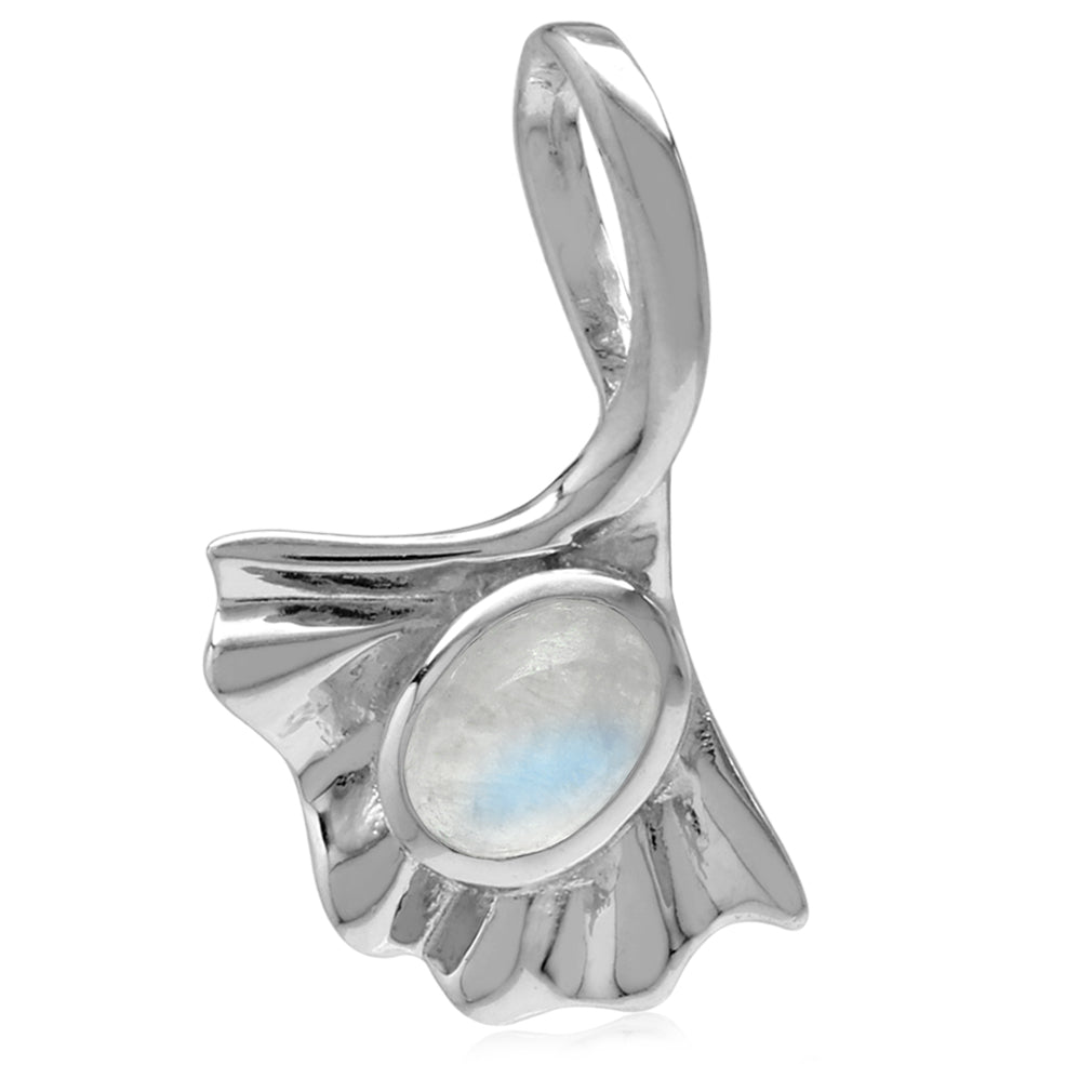 Natural Moonstone White Gold Plated 925 Sterling Silver Ginkgo Leaf Solitaire Pendant - Silvershake-store