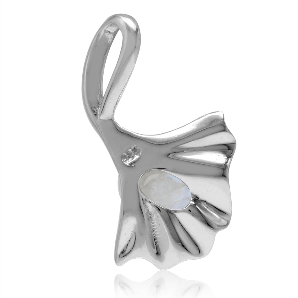 Natural Moonstone White Gold Plated 925 Sterling Silver Ginkgo Leaf Solitaire Pendant - Silvershake-store