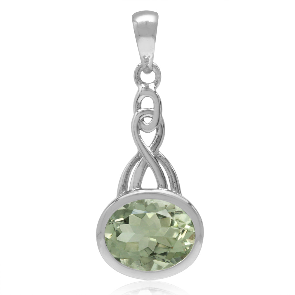 2.4ct. 10X8mm Oval Shape Natural Green Amethyst White Gold Plated 925 Sterling Silver Celtic Knot Pendant - Silvershake-store