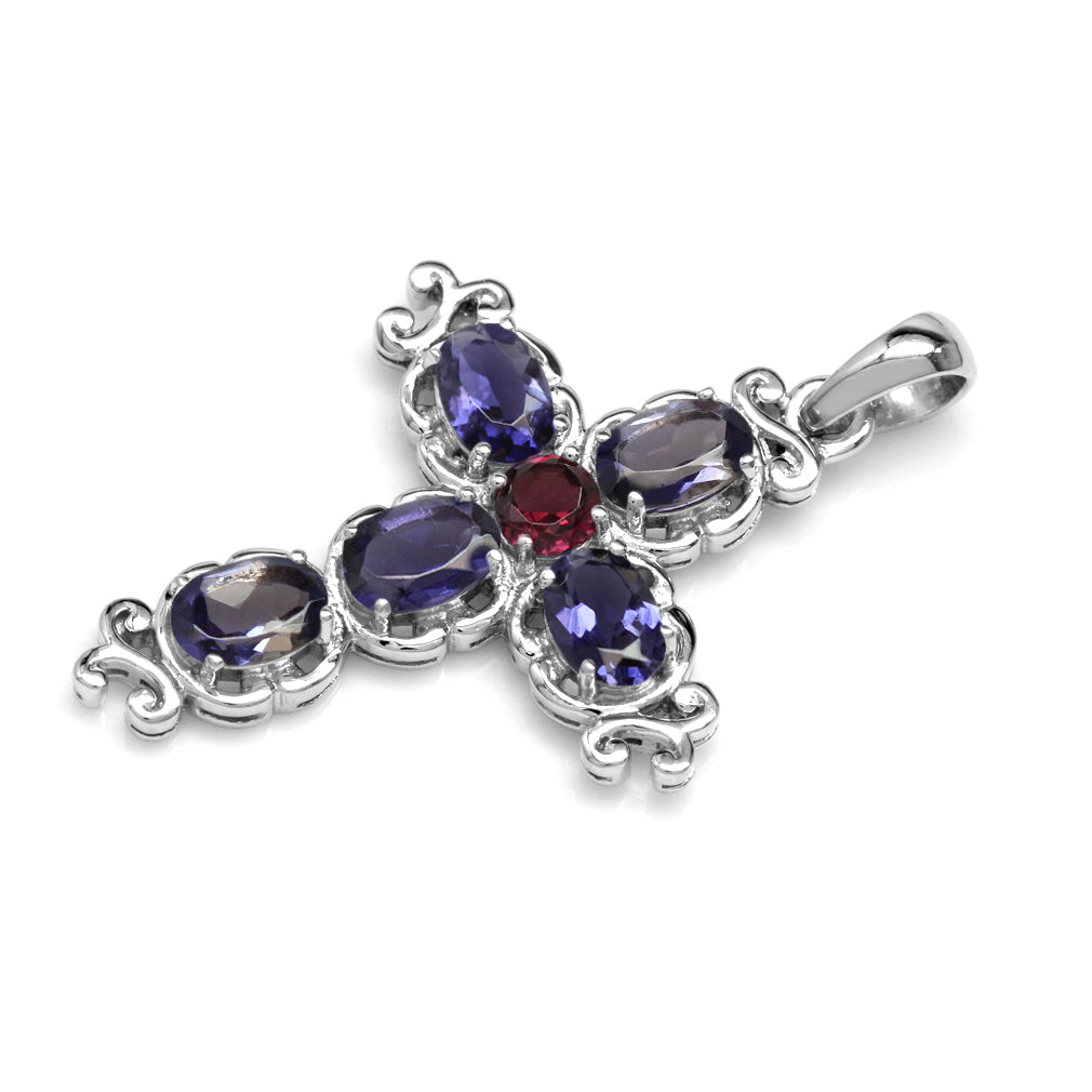 Silvershake 1.8ct. Natural Iolite and Rhodolite Garnet White Gold Plated 925 Sterling Silver Victorian Cross Pendant - Silvershake-store