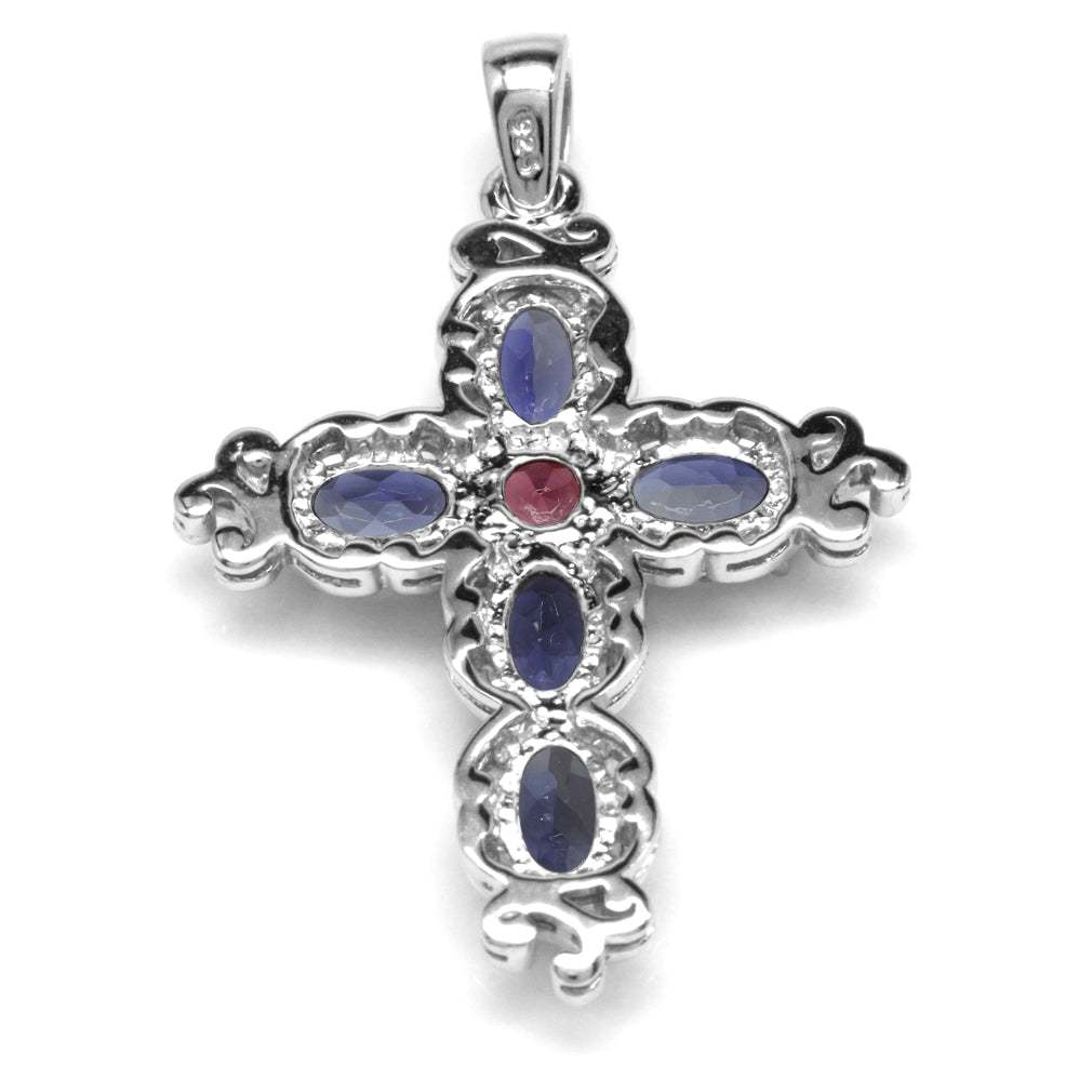 Silvershake 1.8ct. Natural Iolite and Rhodolite Garnet White Gold Plated 925 Sterling Silver Victorian Cross Pendant - Silvershake-store