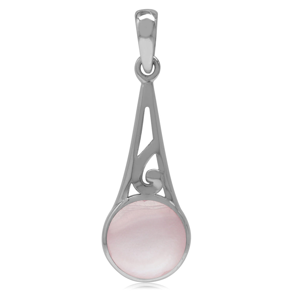 9mm Round Pink Mother of Pearl Inlay 925 Sterling Silver Filigree Swirl Cone Shape Pendant - Silvershake-store