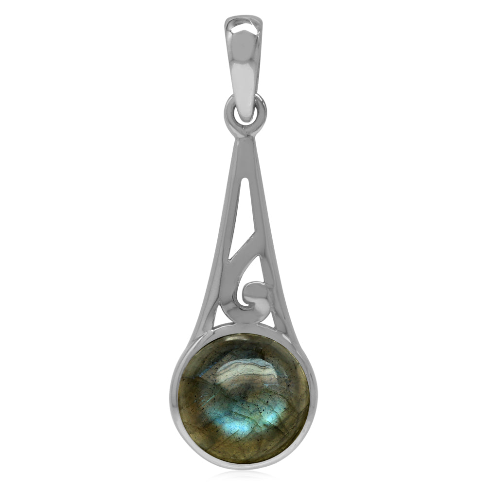 9mm Round Shape Labradorite White Gold Plated 925 Sterling Silver Filigree Swirl Pendant - Silvershake-store