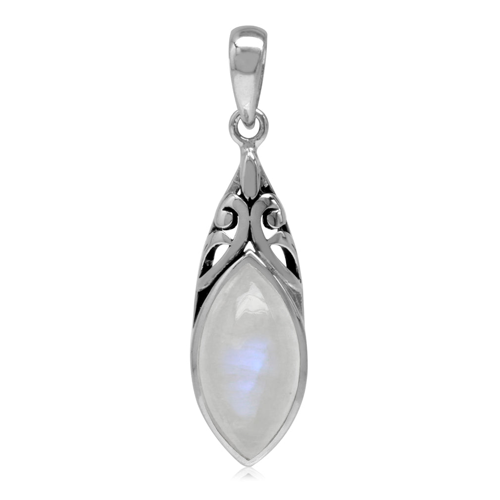 14X7mm Natural Marquise Shape Moonstone 925 Sterling Silver Filigree Solitaire Pendant - Silvershake-store