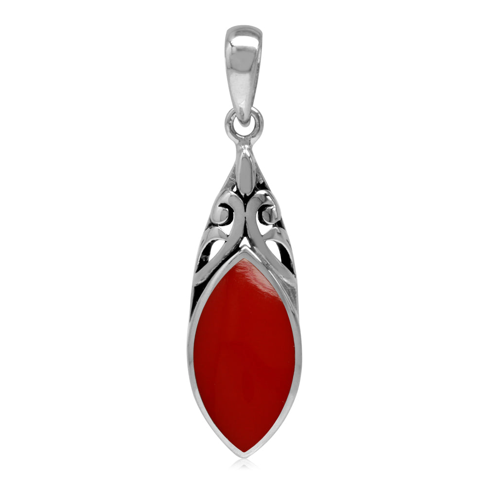 14X7mm Created Marquise Shape Red Coral 925 Sterling Silver Filigree Solitaire Pendant - Silvershake-store