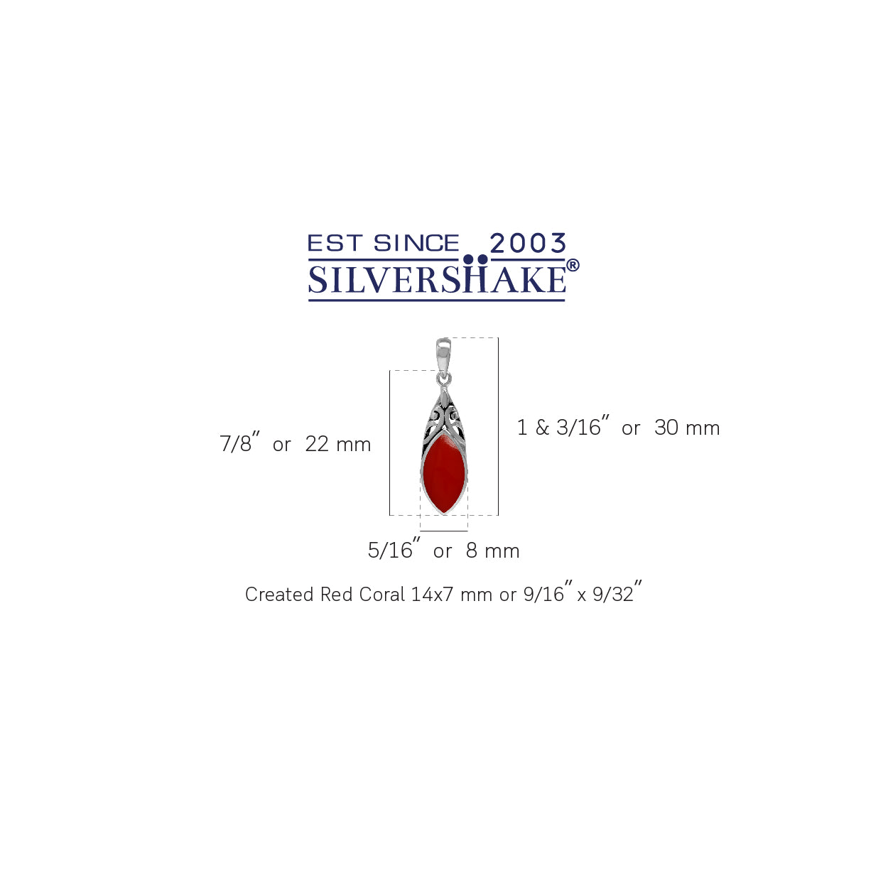 14X7mm Created Marquise Shape Red Coral 925 Sterling Silver Filigree Solitaire Pendant - Silvershake-store