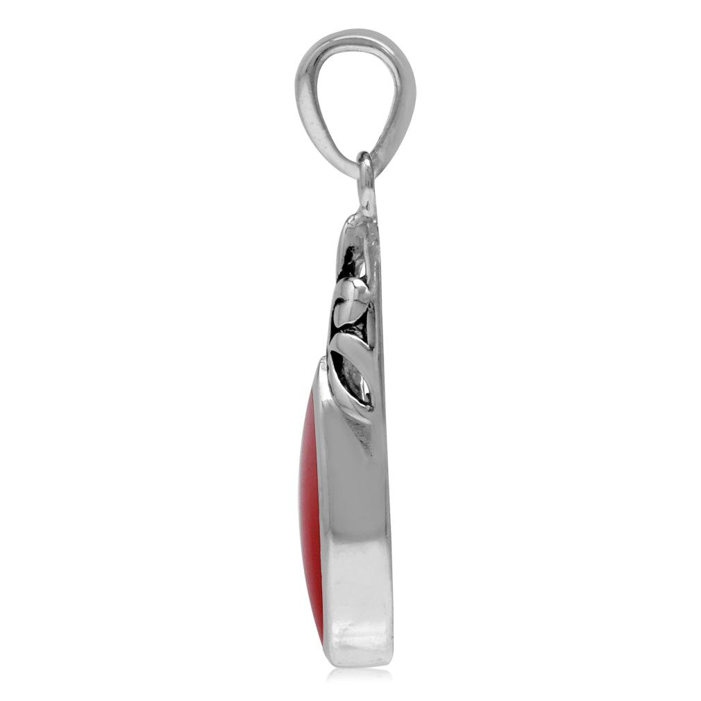 14X7mm Created Marquise Shape Red Coral 925 Sterling Silver Filigree Solitaire Pendant - Silvershake-store