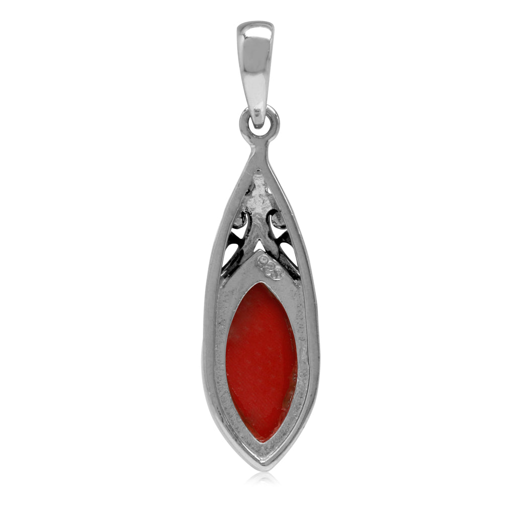 14X7mm Created Marquise Shape Red Coral 925 Sterling Silver Filigree Solitaire Pendant - Silvershake-store