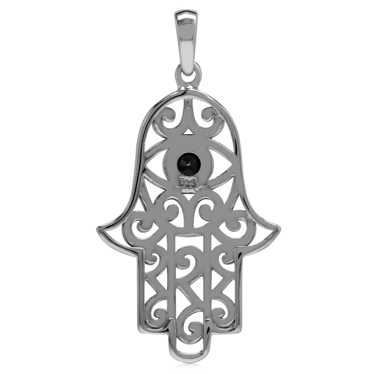 Natural Black Spinel 925 Sterling Silver Evil Eye on Hamsa Hand Pendant - Silvershake-store