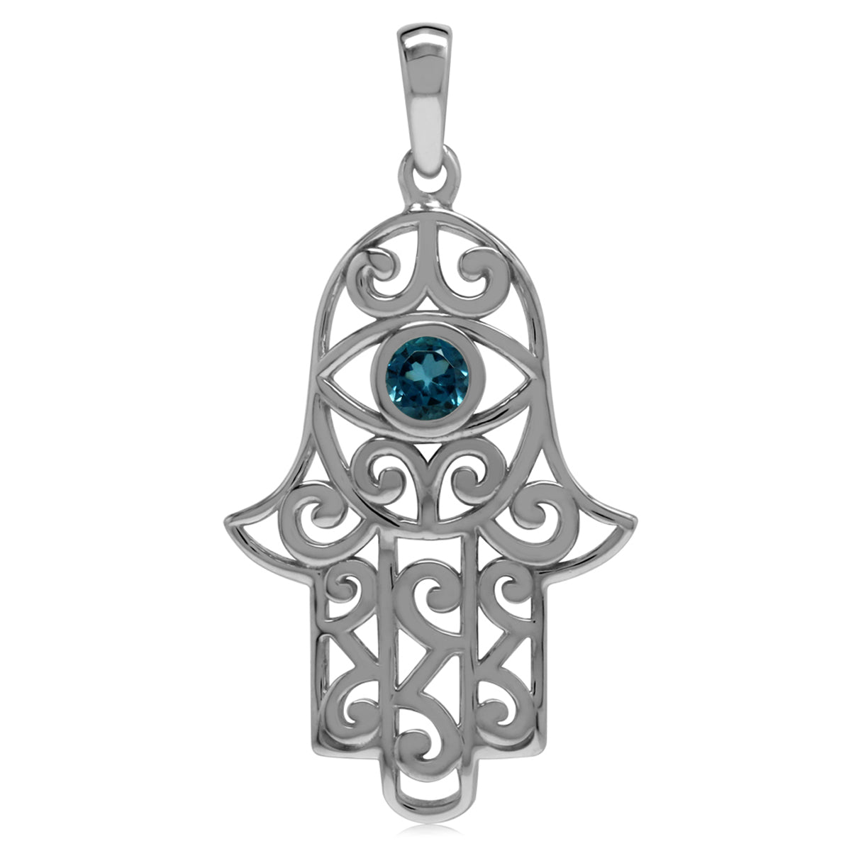 Genuine London Blue Topaz 925 Sterling Silver Evil Eye on Hamsa Hand Pendant - Silvershake-store