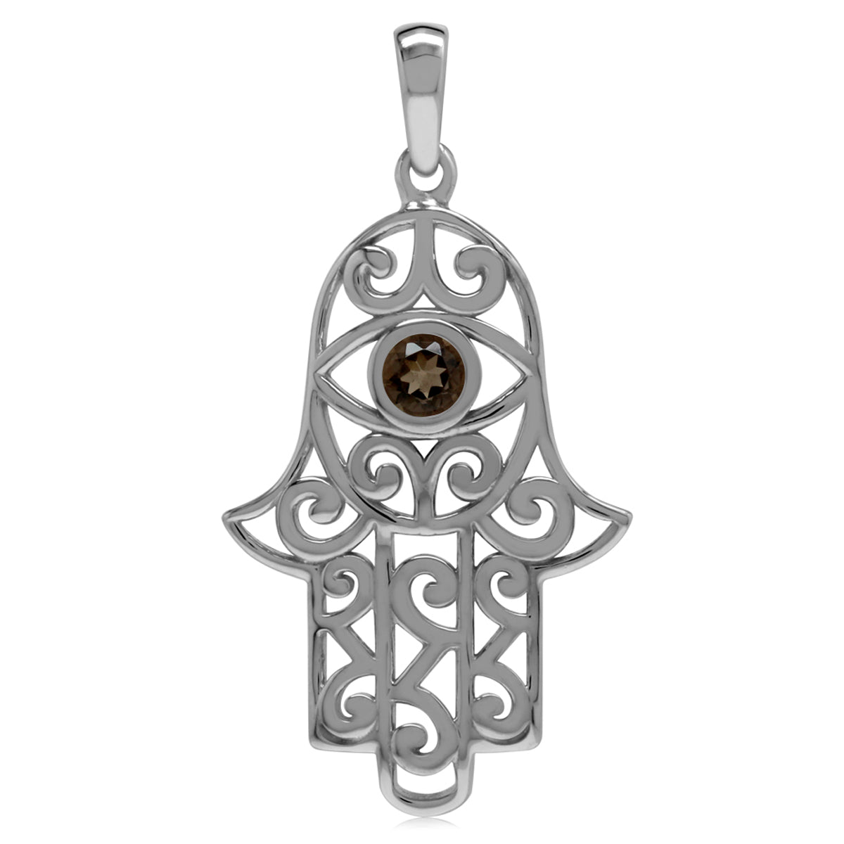 Natural Smoky Quartz 925 Sterling Silver Evil Eye on Hamsa Hand Pendant - Silvershake-store