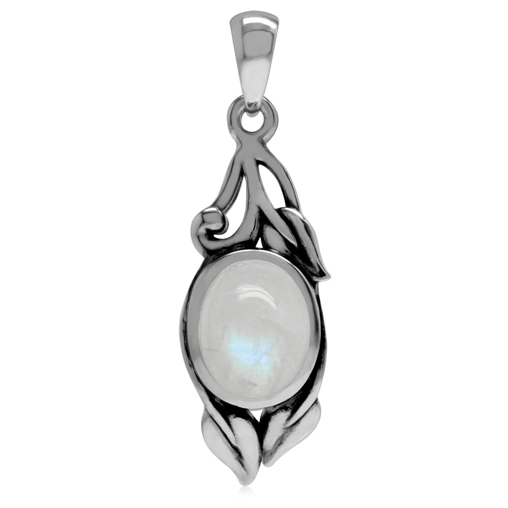 Genuine Rainbow Moonstone 925 Sterling Silver Vintage Inspired Leaf Pendant - Silvershake-store