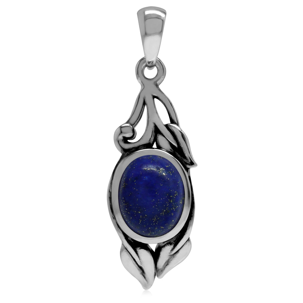 Silvershake Genuine Lapis Lazuli 925 Sterling Silver Vintage Inspired Leaf Pendant - Silvershake-store