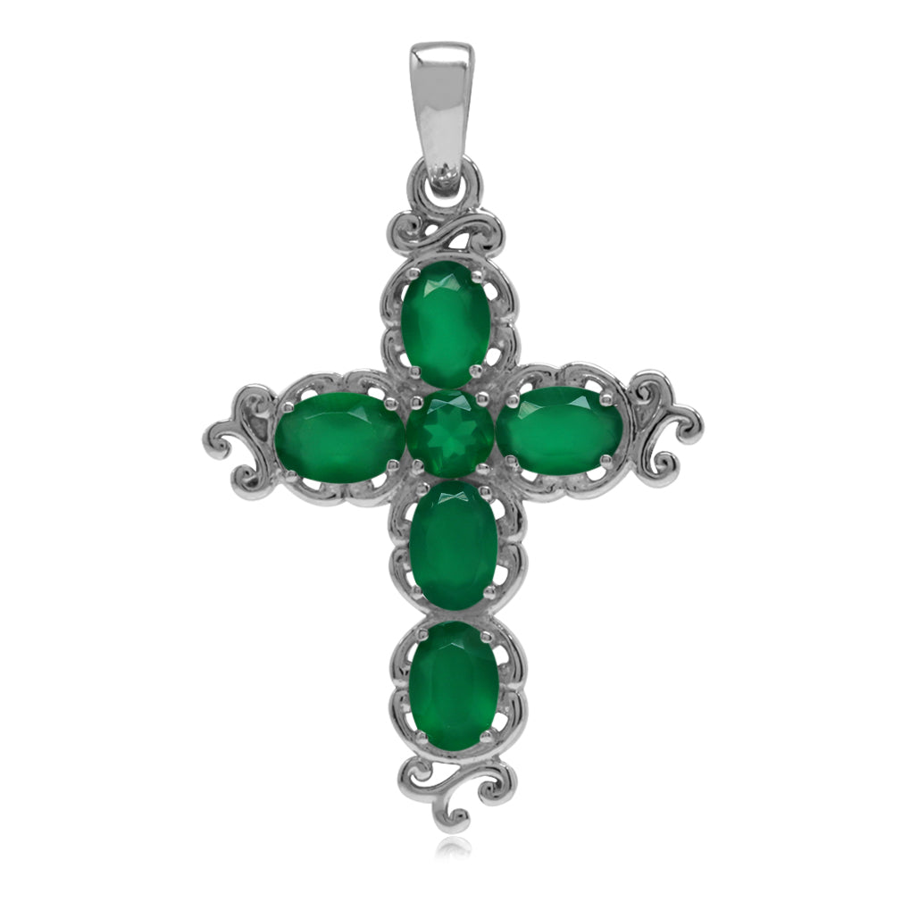 Silvershake 2.34ct. Natural Emerald Green Agate White Gold Plated 925 Sterling Silver Victorian Cross Pendant - Silvershake-store