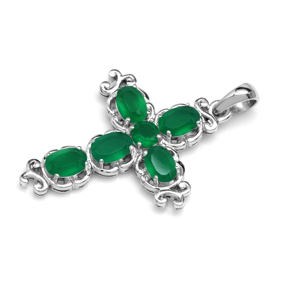 Silvershake 2.34ct. Natural Emerald Green Agate White Gold Plated 925 Sterling Silver Victorian Cross Pendant - Silvershake-store