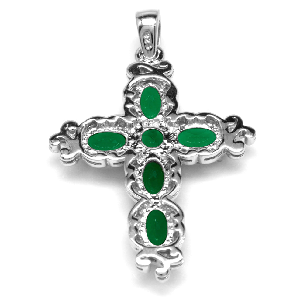 Silvershake 2.34ct. Natural Emerald Green Agate White Gold Plated 925 Sterling Silver Victorian Cross Pendant - Silvershake-store