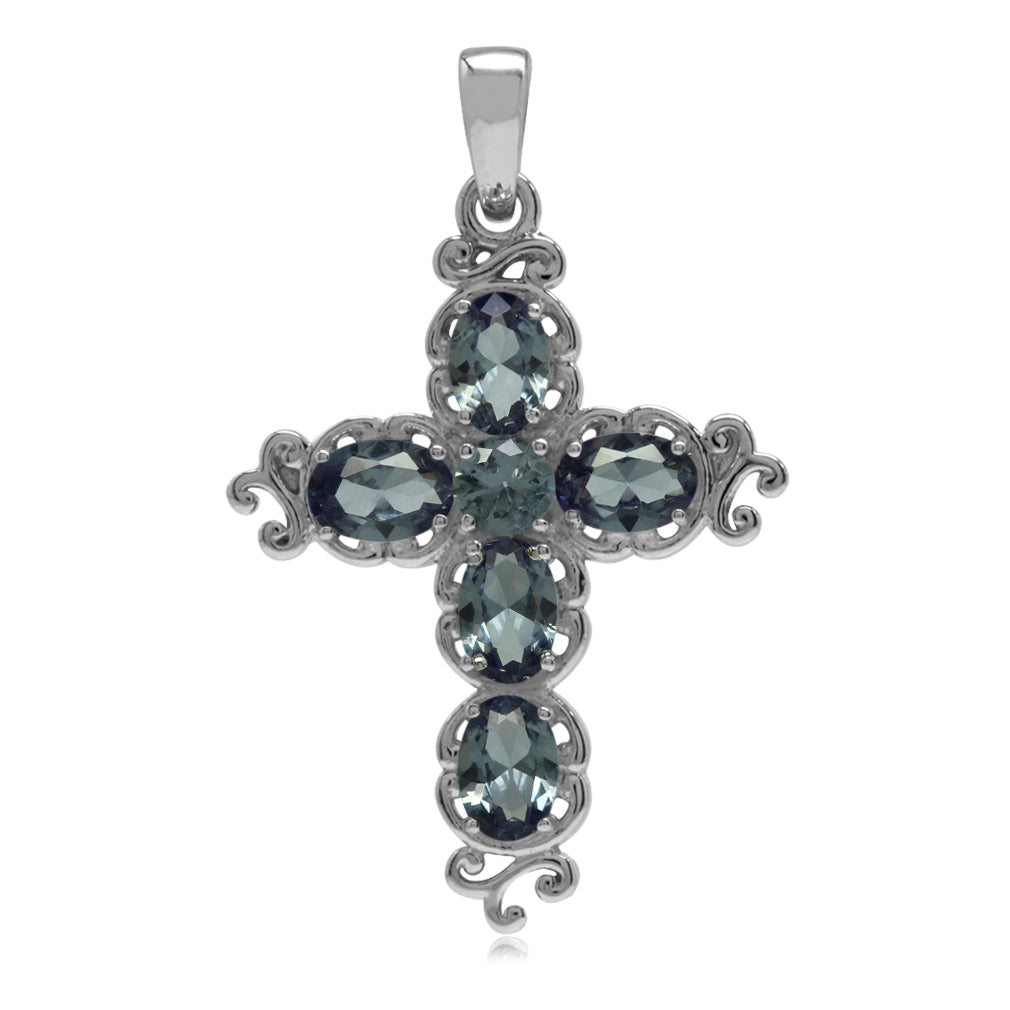 Silvershake Simulated Color Change Alexandrite White Gold Plated 925 Sterling Silver Victorian Cross Pendant - Silvershake-store