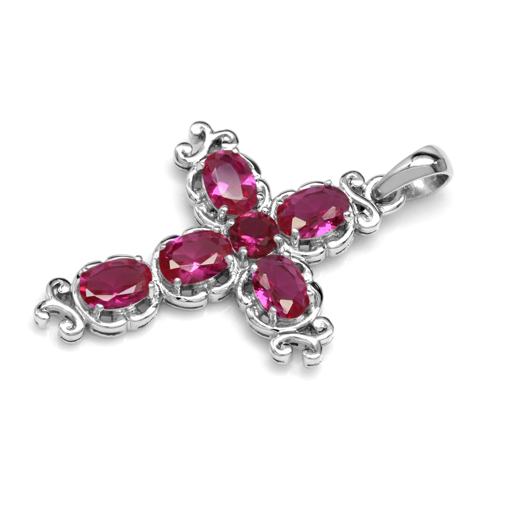 Silvershake Simulated Red Ruby White Gold Plated 925 Sterling Silver Victorian Cross Pendant - Silvershake-store