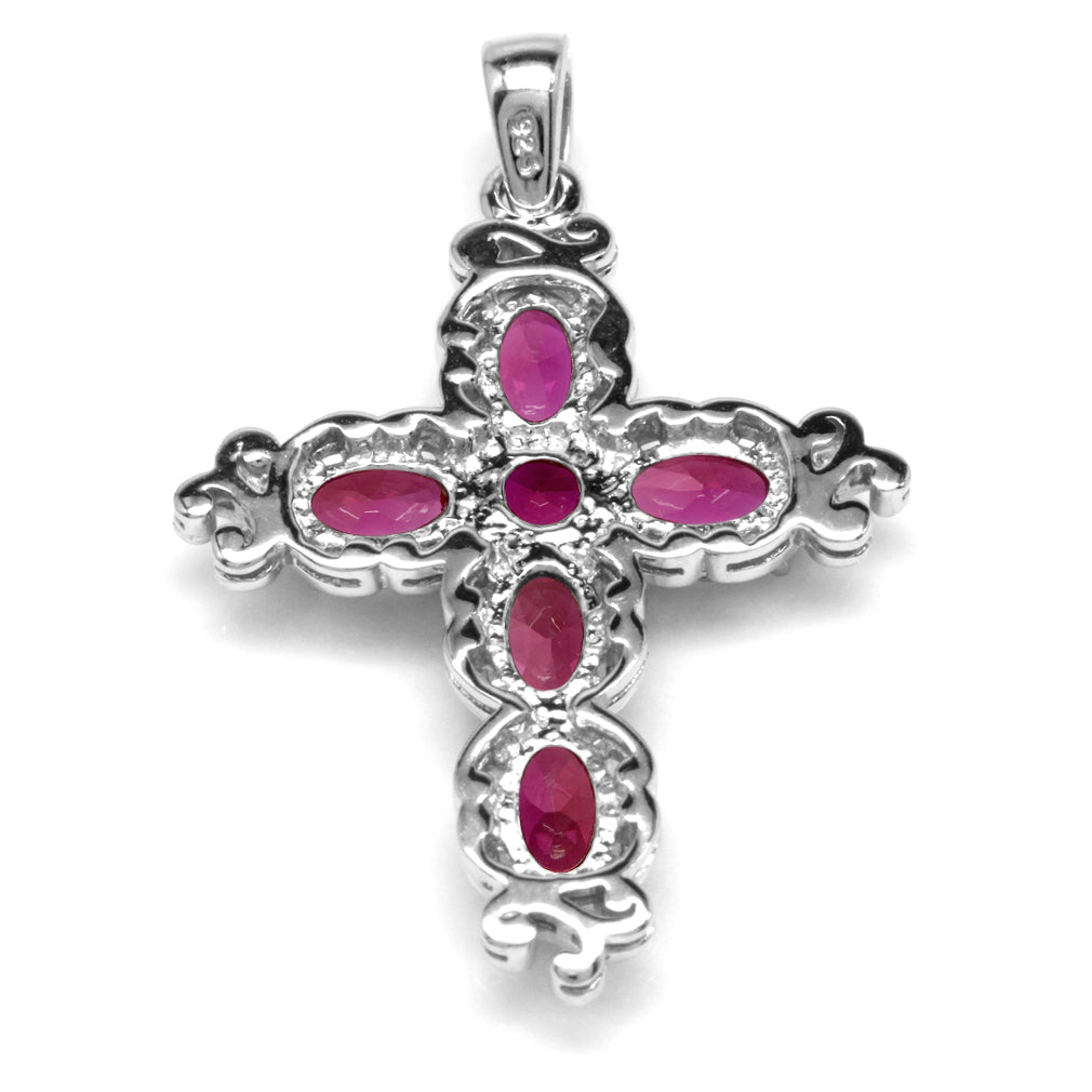 Silvershake Simulated Red Ruby White Gold Plated 925 Sterling Silver Victorian Cross Pendant - Silvershake-store