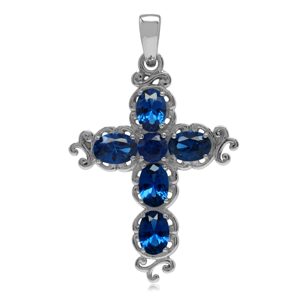 Silvershake Synthetic Sapphire Blue White Gold Plated 925 Sterling Silver Victorian Cross Pendant - Silvershake-store