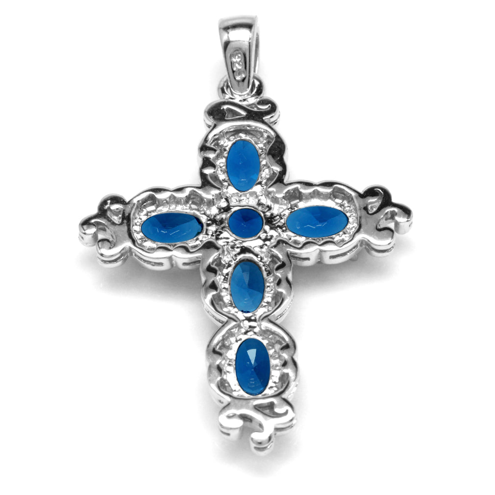 Silvershake Synthetic Sapphire Blue White Gold Plated 925 Sterling Silver Victorian Cross Pendant - Silvershake-store