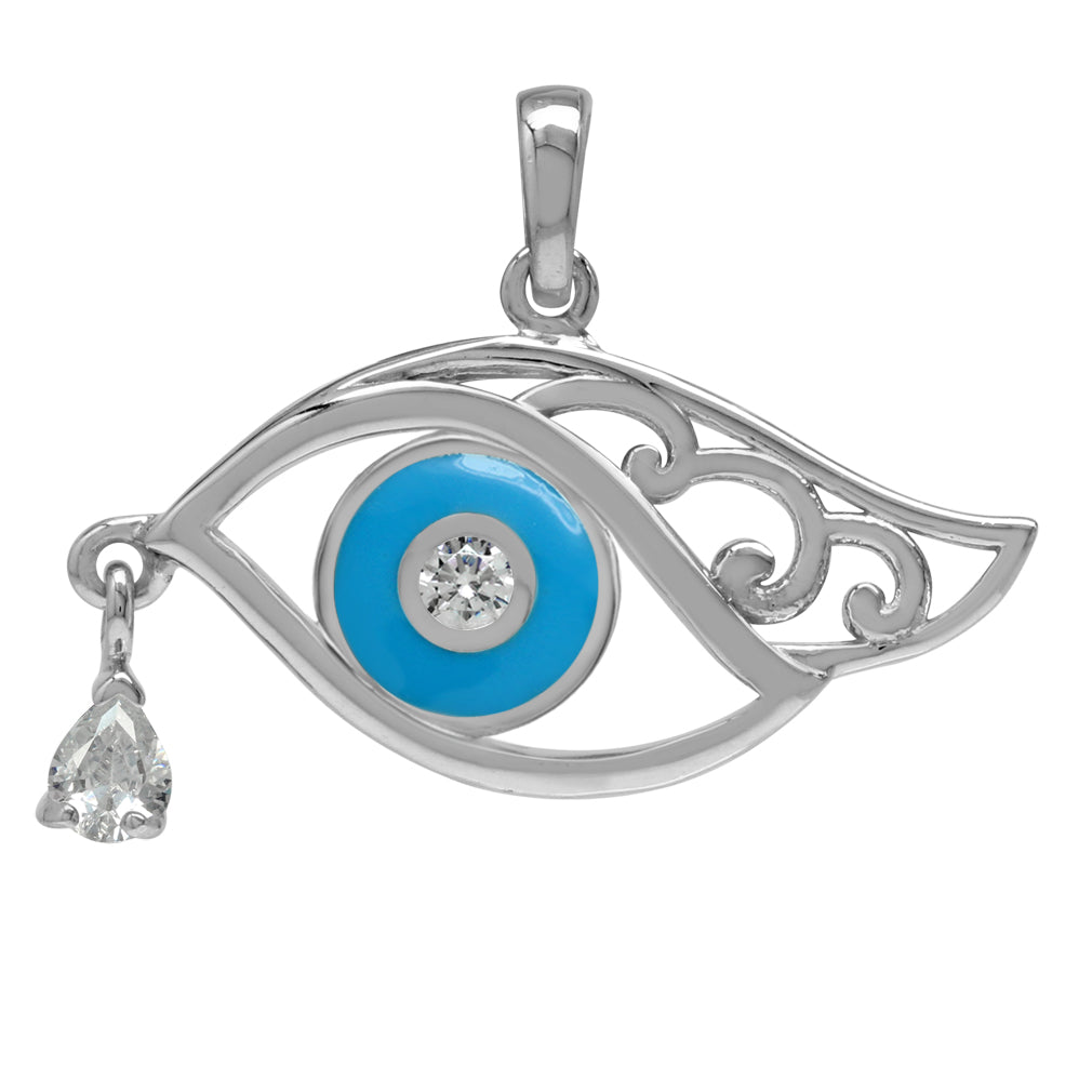 White Cubic Zirconia and Blue Enamel 925 Sterling Silver Eye of Horus Inspired Pendant - Silvershake-store