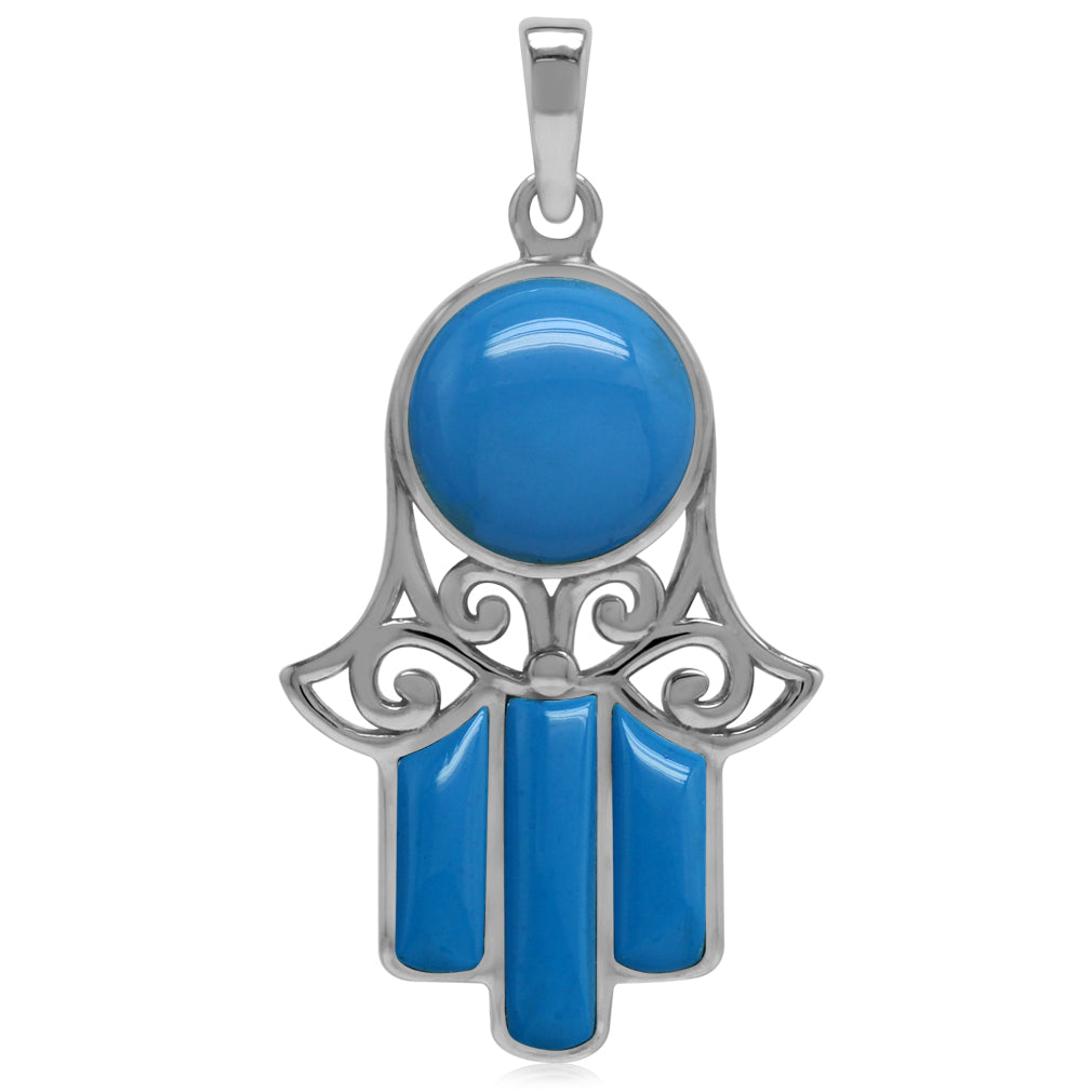 Created Blue Turquoise White Gold Plated 925 Sterling Silver Filigree Hamsa Hand Pendant - Silvershake-store