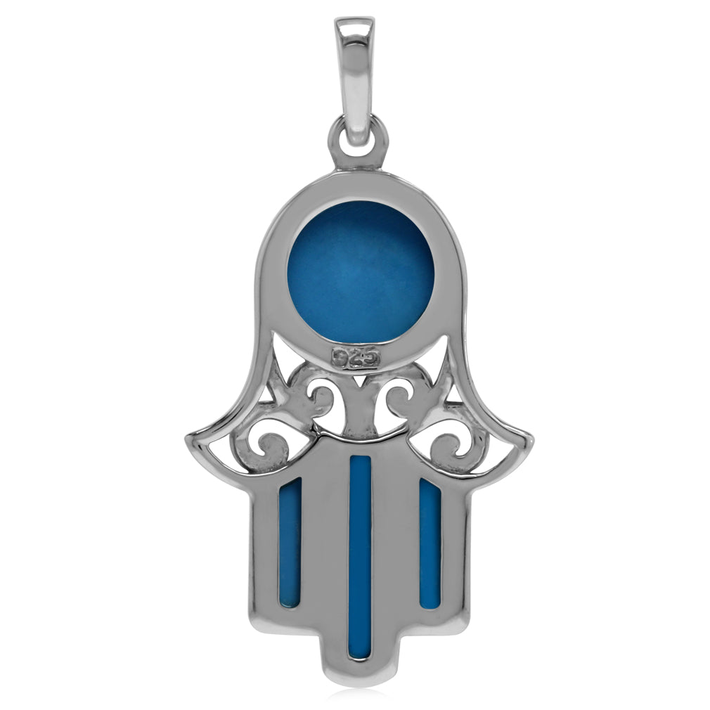 Created Blue Turquoise White Gold Plated 925 Sterling Silver Filigree Hamsa Hand Pendant - Silvershake-store