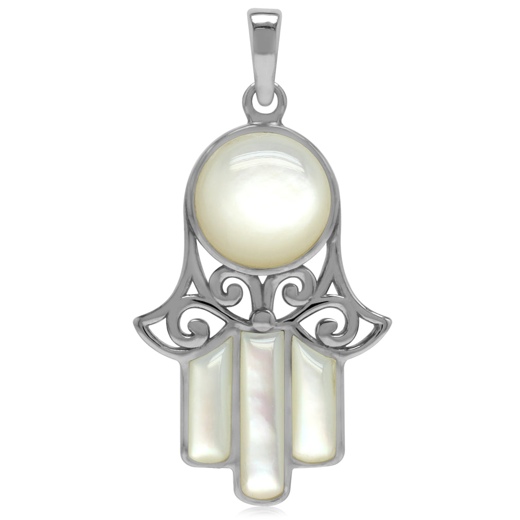 Silvershake White Mother of Pearl 925 Sterling Silver Filigree Hamsa Hand Pendant - Silvershake-store