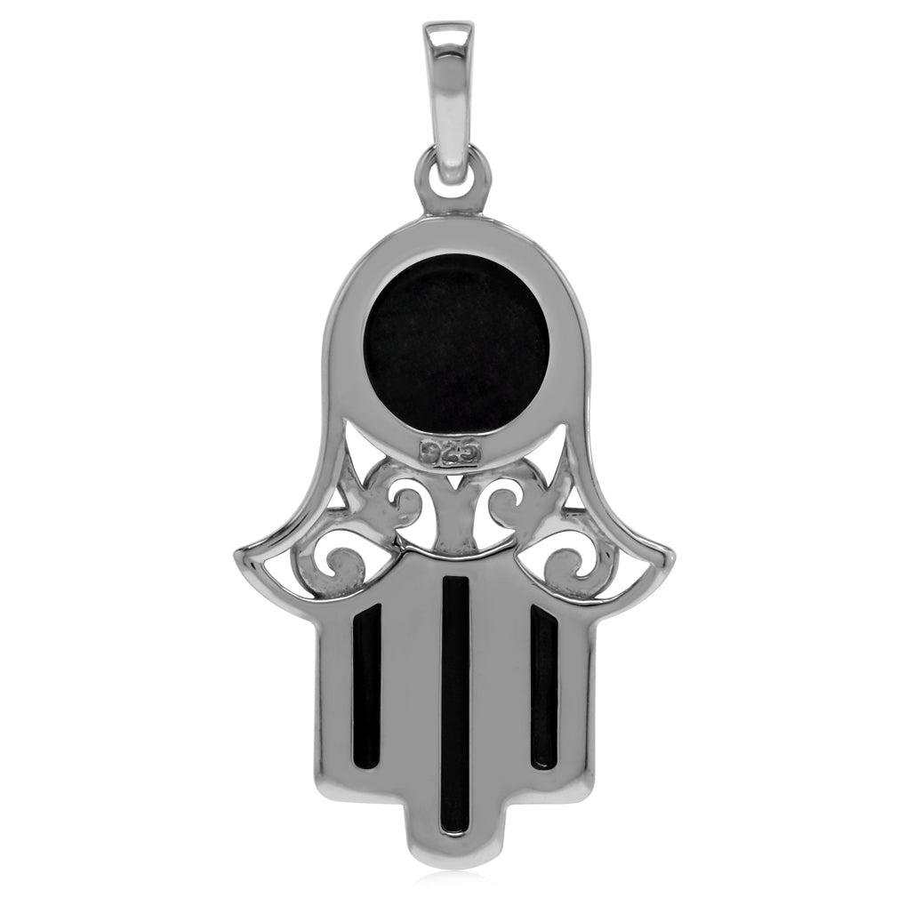 Silvershake Genuine Black Onyx White Gold Plated 925 Sterling Silver Filigree Hamsa Hand Pendant - Silvershake-store