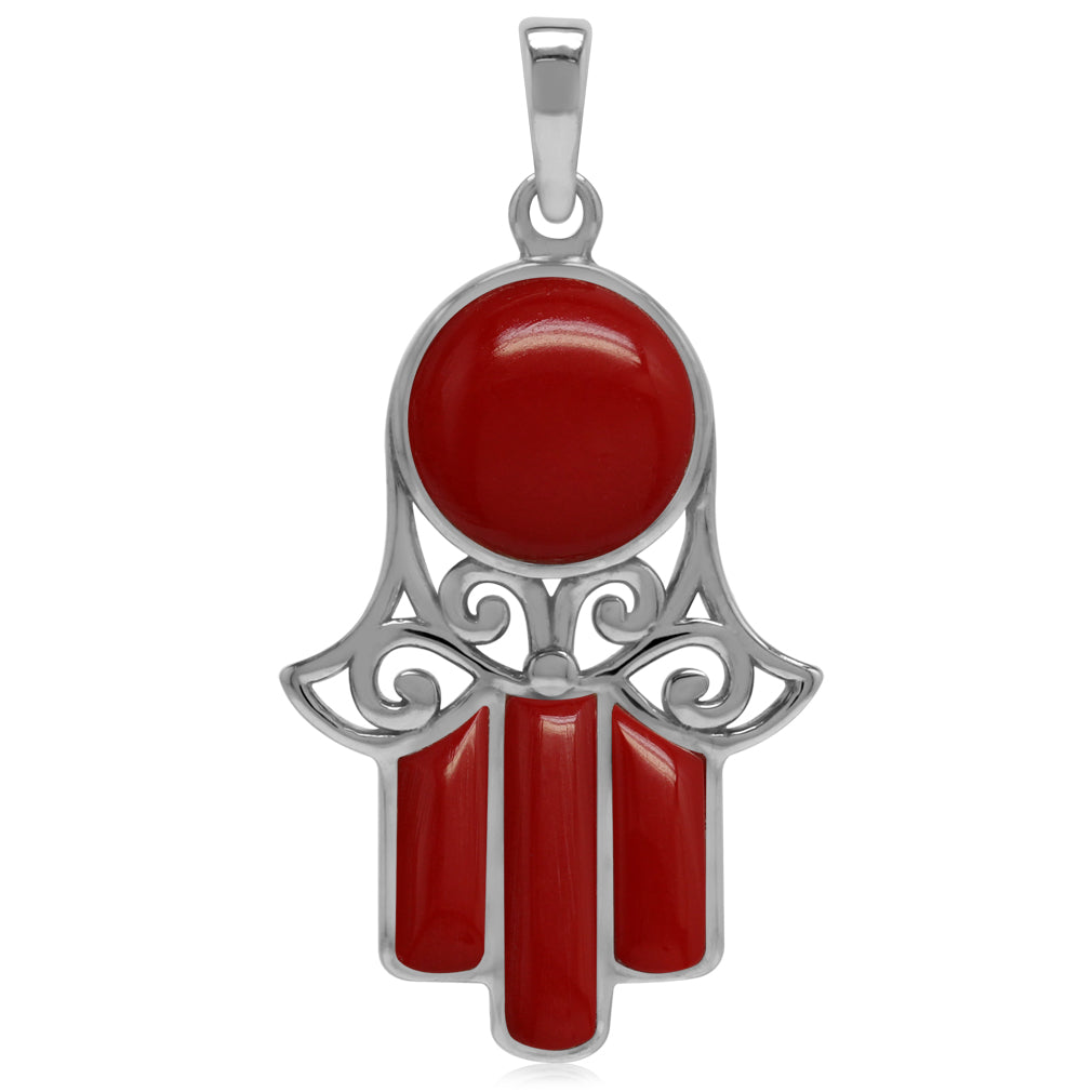 Silvershake Created Red Coral White Gold Plated 925 Sterling Silver Filigree Hamsa Hand Pendant - Silvershake-store