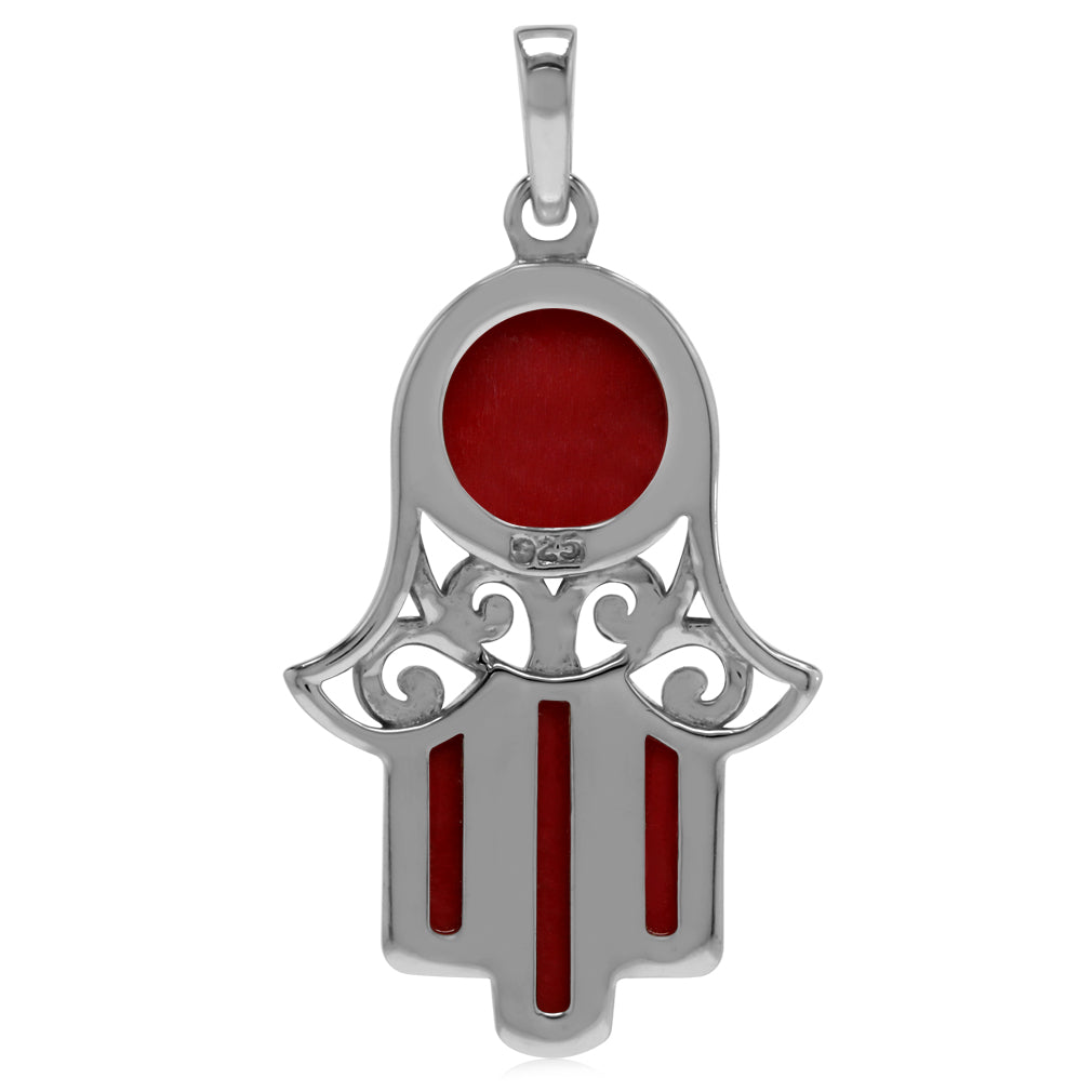 Silvershake Created Red Coral White Gold Plated 925 Sterling Silver Filigree Hamsa Hand Pendant - Silvershake-store